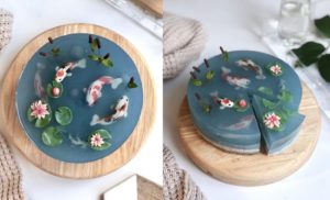 Transparentne ciasto, które wygląda jak jeziorko z japońskimi karpiami Koi